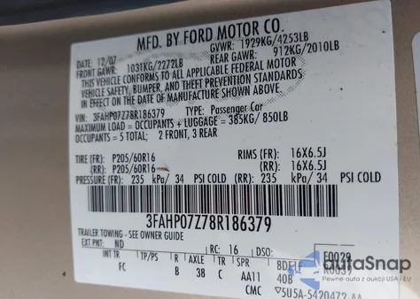 2008 Ford Fusion Se z USA, uszkodzony, nr VIN 3FAHP07Z78R186379